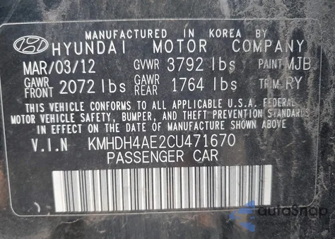 2012 Hyundai Elantra Limited (Ulsan Plant) z USA, uszkodzony, nr VIN KMHDH4AE2CU471670